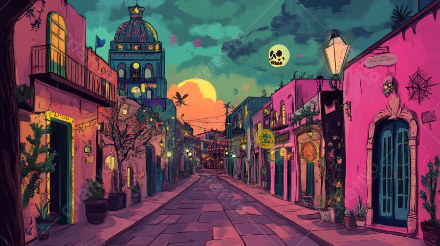Rua vibrante de estilo mexicano com edifícios rosa e azul sob lua de caveira