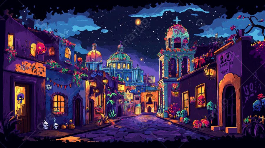 Rua mexicana festiva à noite estrelada para Dia de los Muertos com caveiras e flores vibrantes