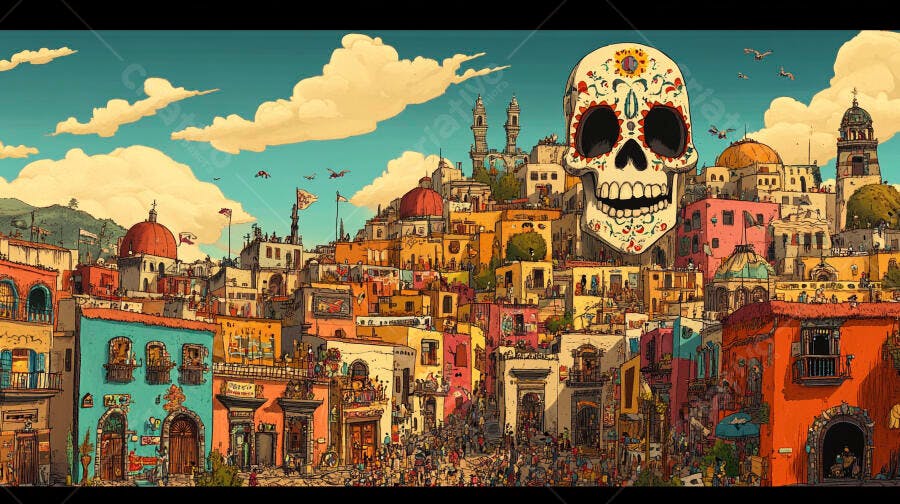 Caveira mexicana gigante flutuando sobre cidade colorida em celebração do Dia de Muertos