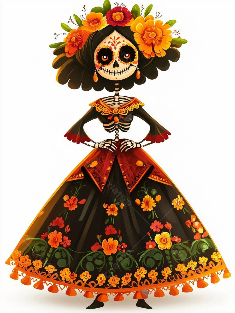 Calavera Catrina esqueleto feminino vestido floral vibrante coroa de flores coloridas Dia dos Mortos