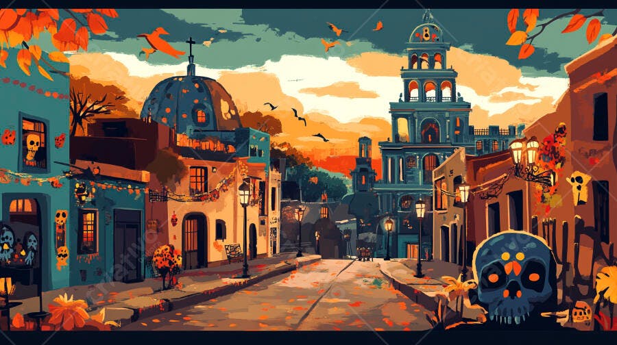 Rua mexicana colorida com decorações de Dia de los Muertos ao entardecer