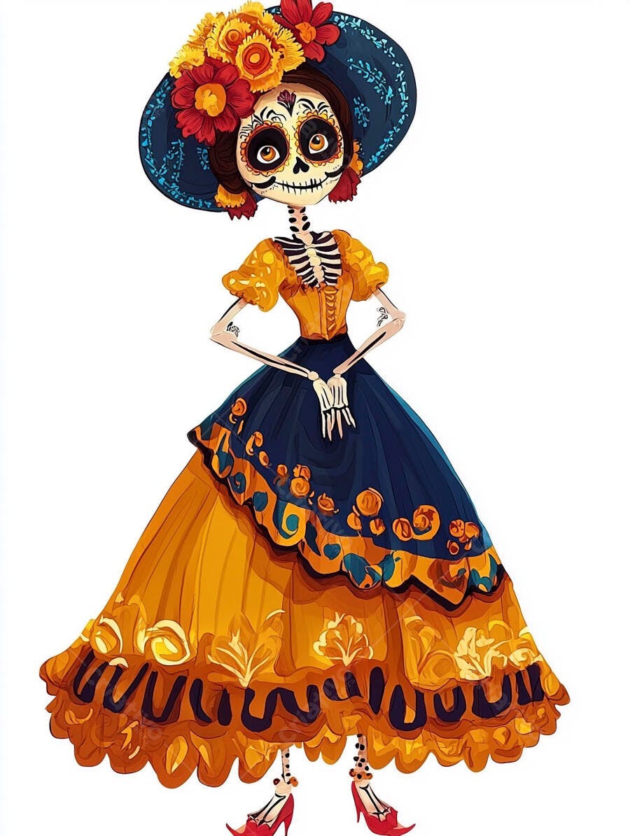Calavera Catrina elegante com chapéu azul e flores vermelhas celebrando o Dia dos Mortos