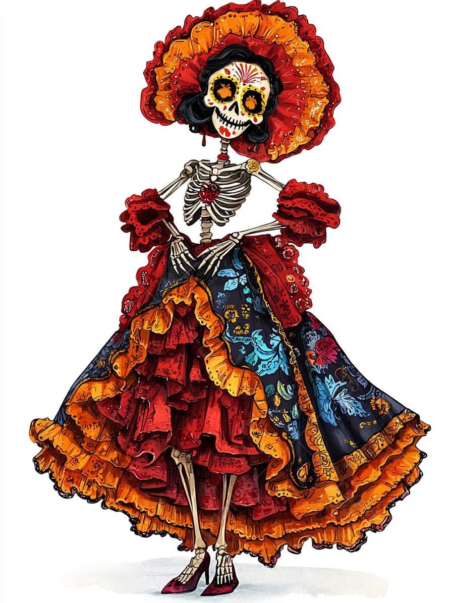 Catrina esqueleto feminina vestida com traje tradicional mexicano colorido Dia de Muertos