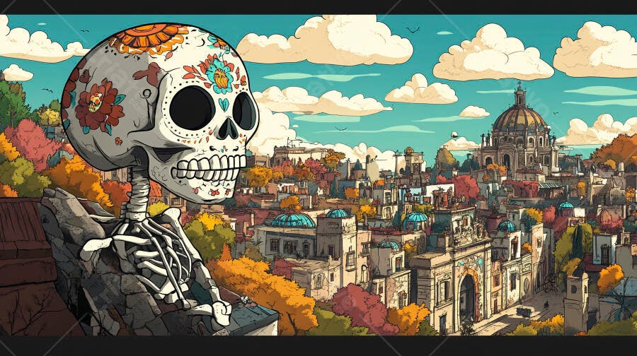Esqueleto calavera decorado com flores coloridas sobre cidade outonal