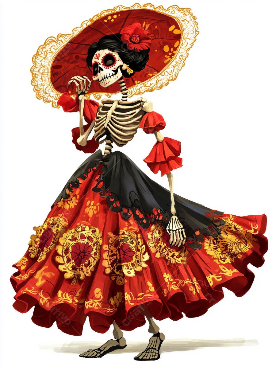 Caveira Catrina elegante vestido vermelho e chapéu grande Dia de Muertos