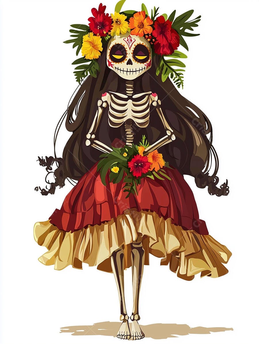 Caveira mexicana Catrina com coroa de flores coloridas e vestido vermelho