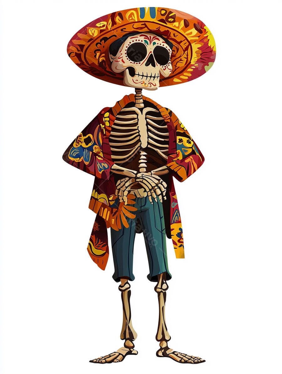 Esqueleto colorido com sombrero e poncho tradicional para o Dia de Muertos