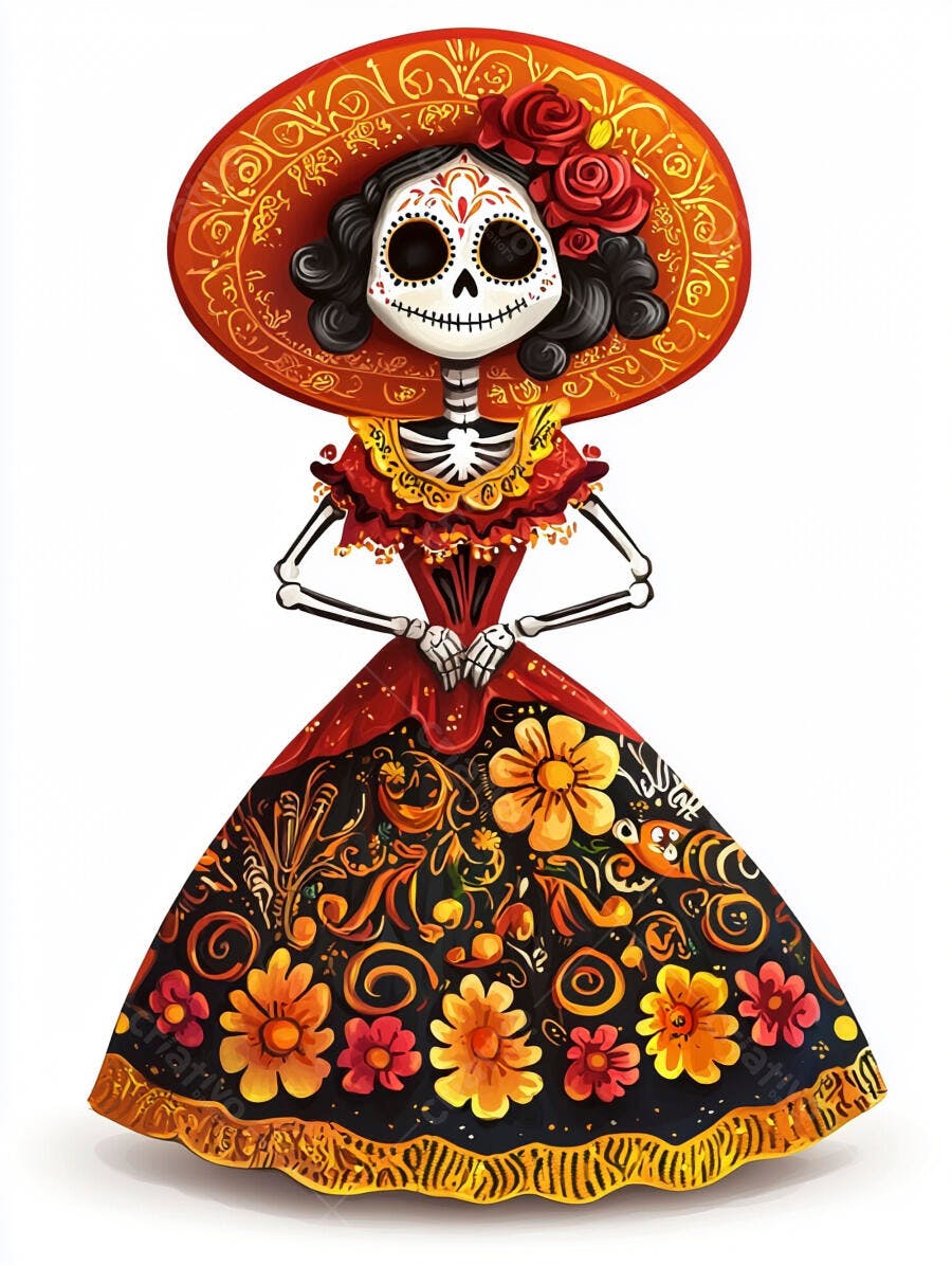 Catrina mexicana em vestido floral vibrante para Dia de Los Muertos