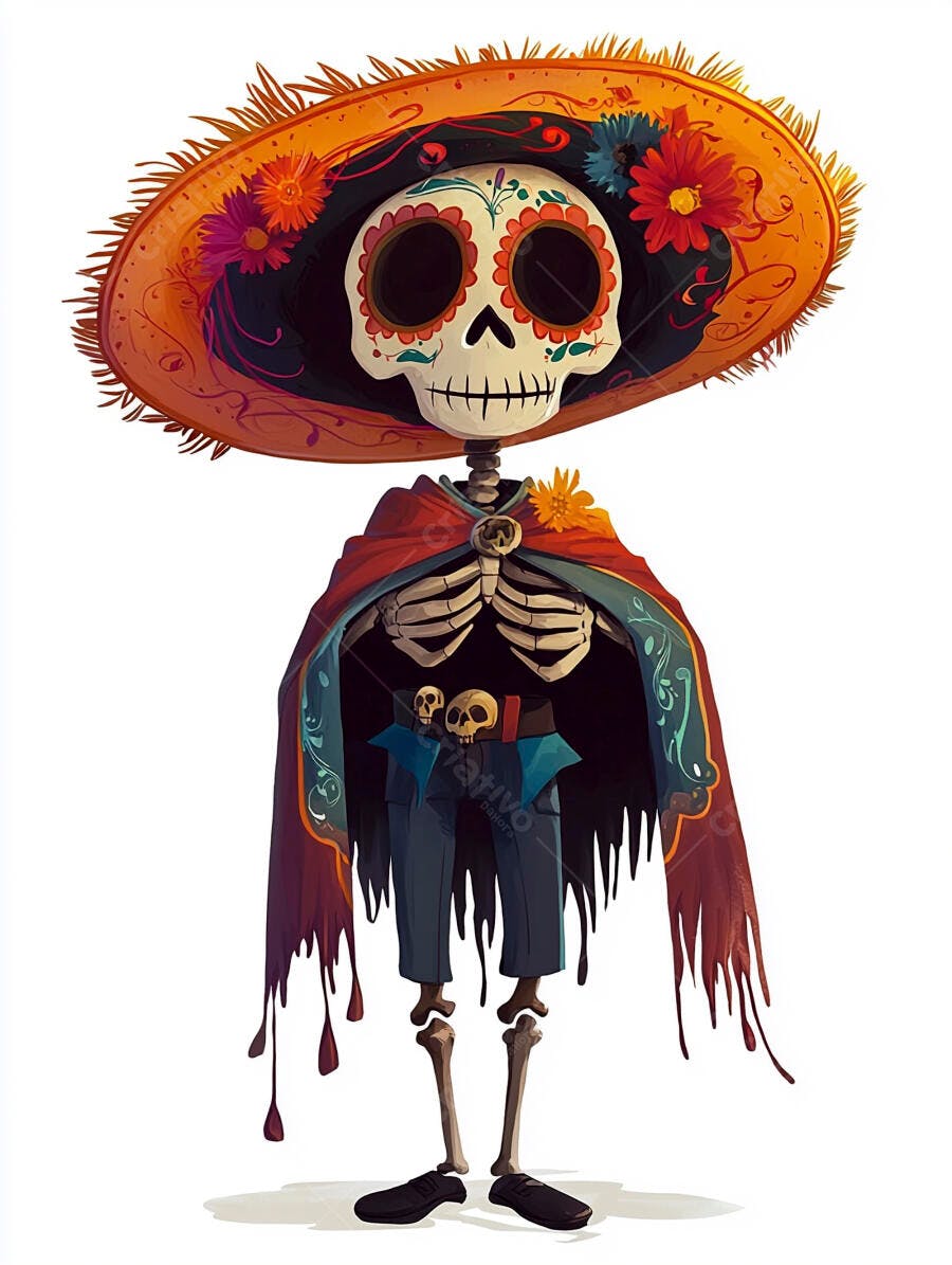 Esqueleto calavera com sombrero florido e capa Dia dos Mortos festivo