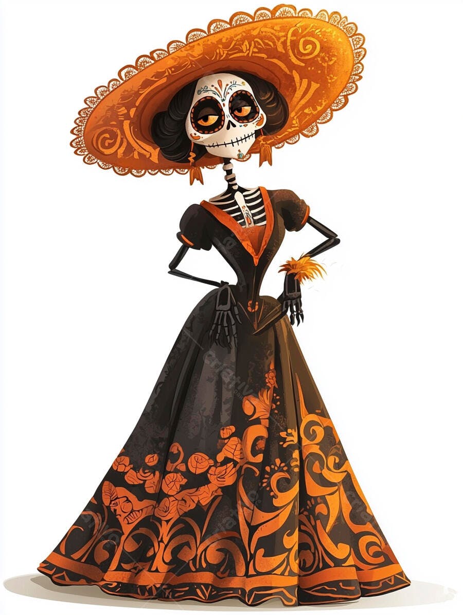 Calavera Catrina elegante com chapéu laranja e vestido preto festivo