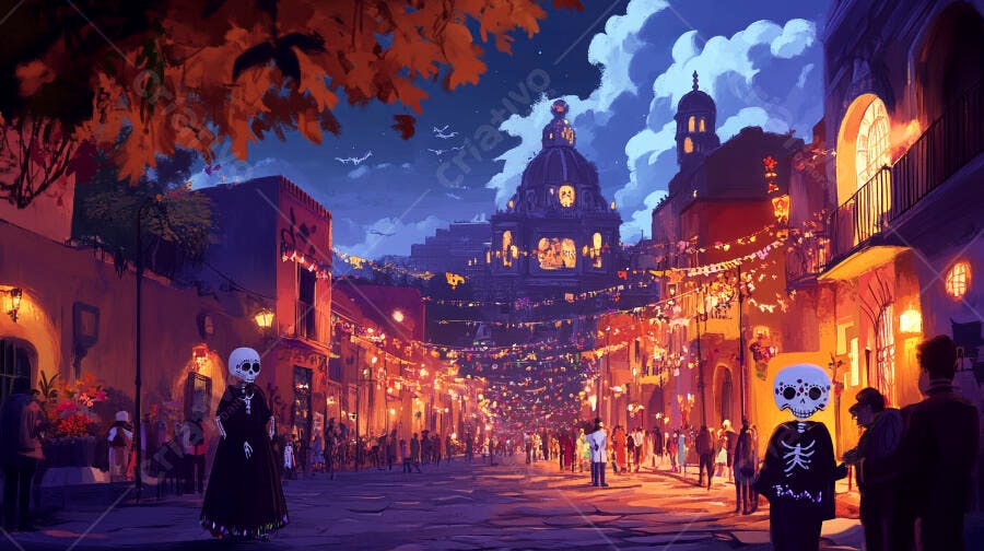 Celebração de Dia de los Muertos em rua noturna com esqueletos e decorações coloridas