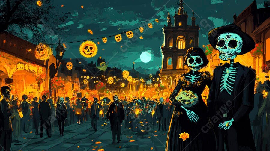 Casal de esqueletos vibrantes em festa noturna do Dia dos Mortos com lanternas e flores