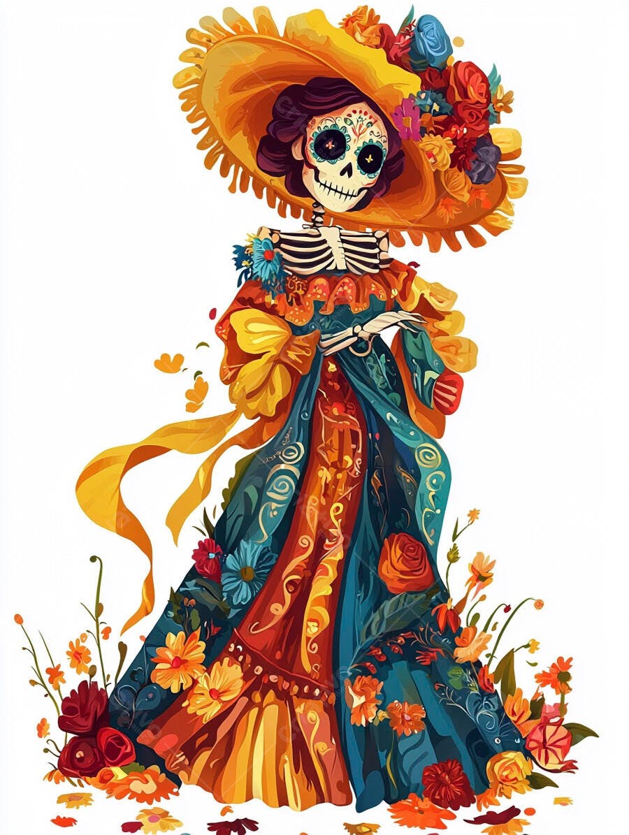 La Catrina esqueleto com chapéu amarelo e vestido floral celebrando Dia de los Muertos
