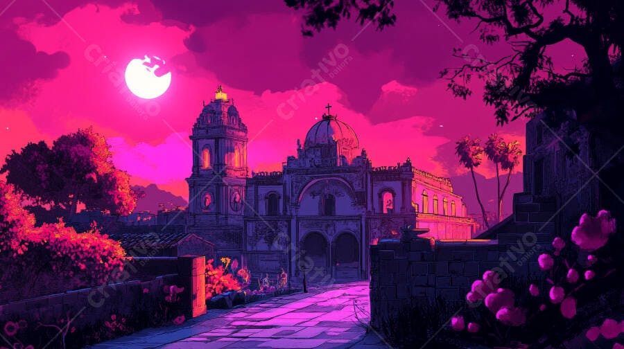 Catedral antiga em paisagem noturna rosa e roxa com lua cheia brilhante
