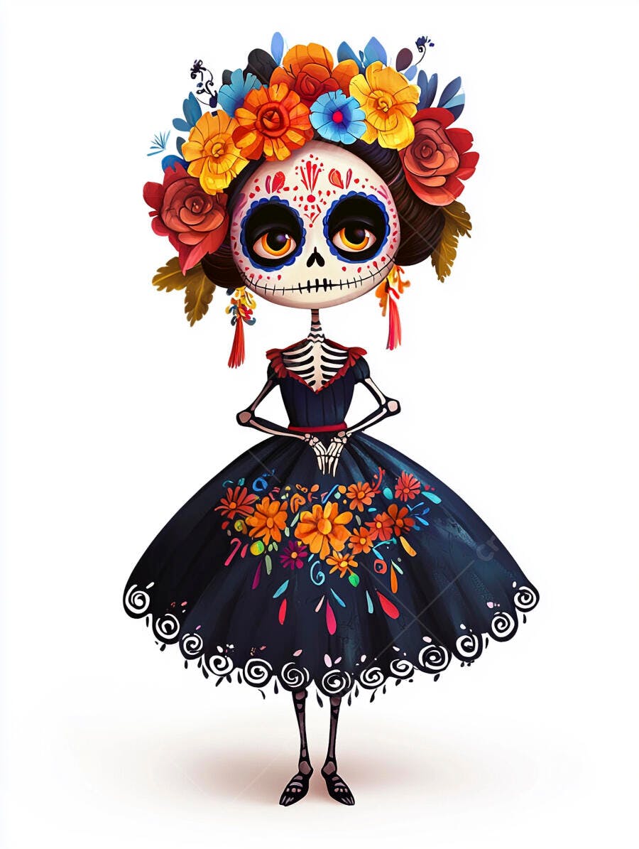 Catrina colorida com coroa de flores para Dia dos Mortos ilustração