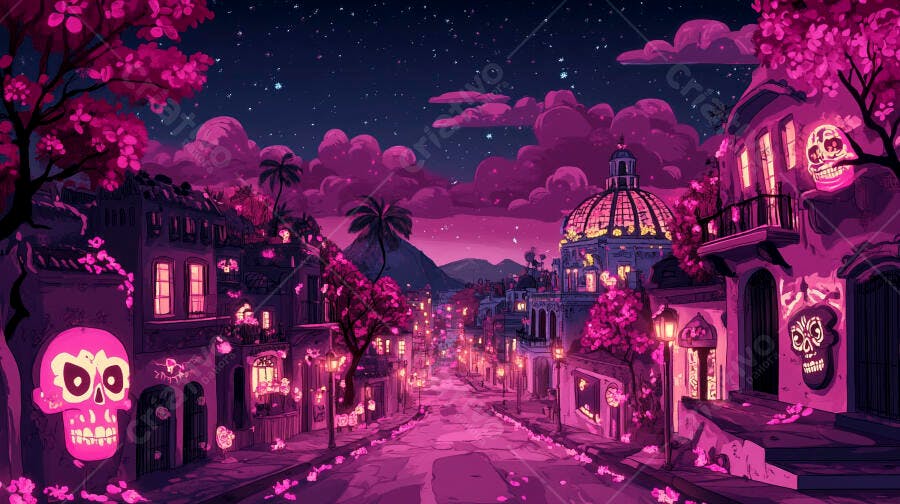 Noite mexicana mágica com rua iluminada calaveras e árvores rosa vibrante