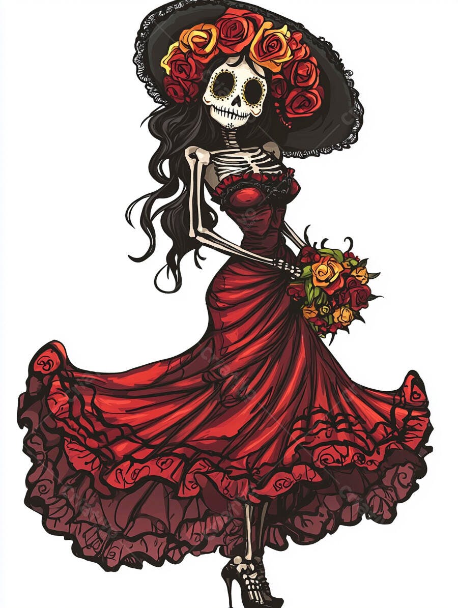 Catrina mexicana com vestido vermelho e chapéu floral para Dia dos Mortos