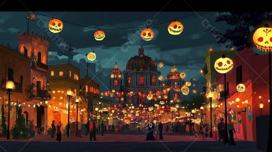 Calaveras iluminam rua mexicana no Dia dos Mortos à noite