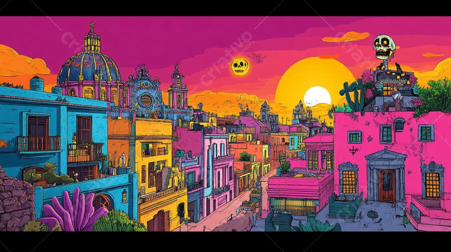 Paisagem urbana mexicana vibrante com pôr do sol rosa e caveira festiva