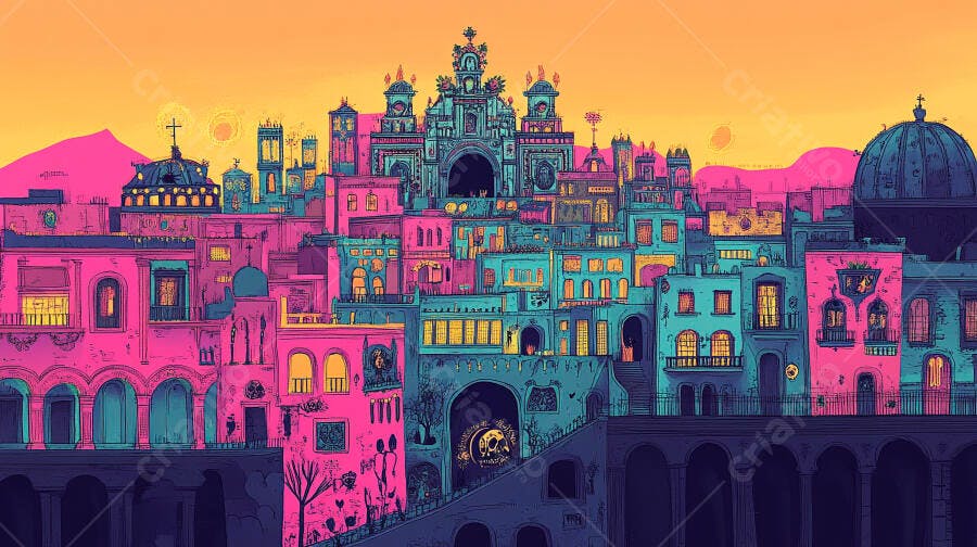 Cidade vibrante arquitetura colorida em tons de rosa choque e azul turquesa
