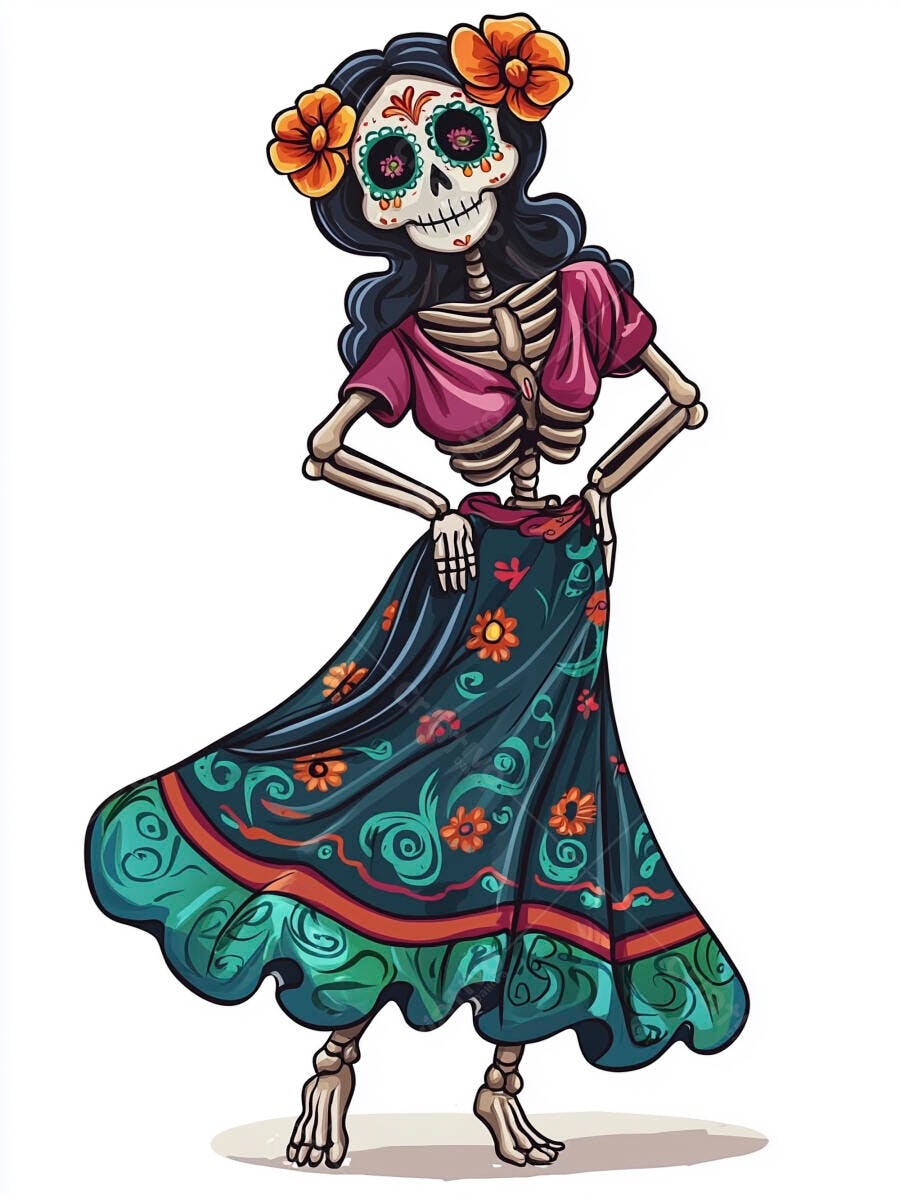 Mulher esqueleto Catrina com vestido floral azul verde e flores laranjas vibrantes