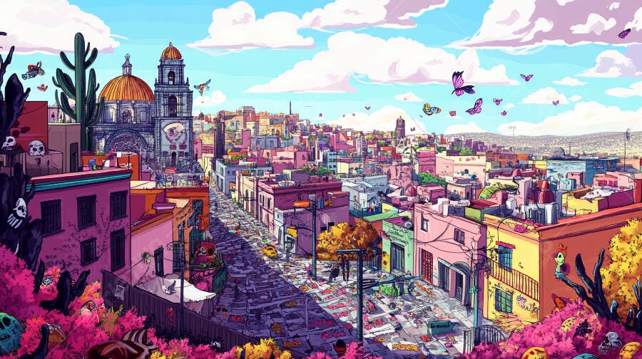 Cidade mexicana colorida com igreja borboletas e cactos em ilustração vibrante