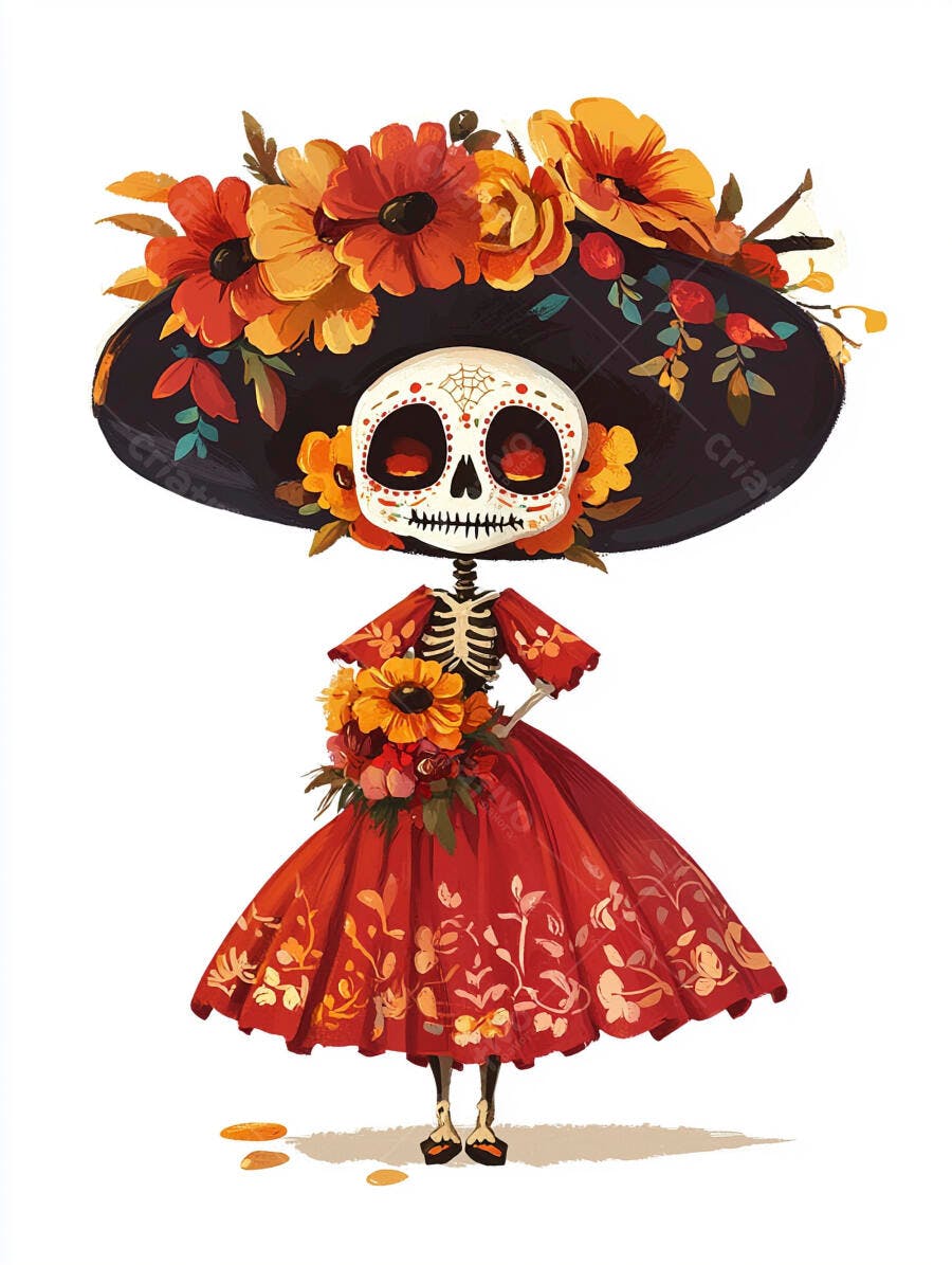 Catrina ilustrada com vestido vermelho e chapéu floral Dia de los Muertos
