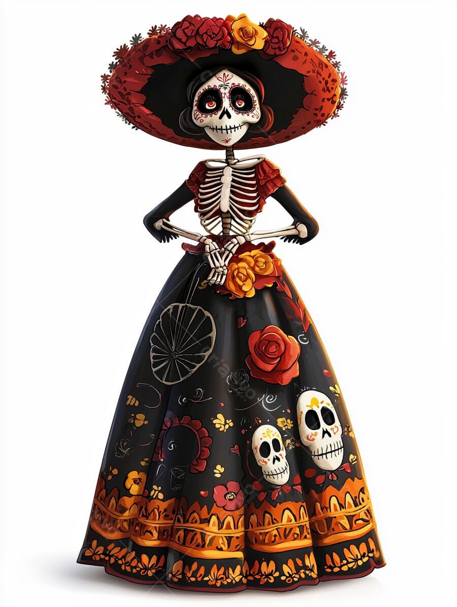 Catrina mexicana com vestido preto e chapéu vermelho para o Dia dos Mortos