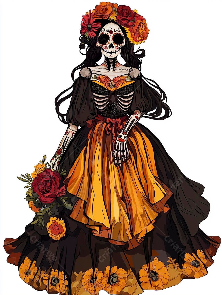 Calavera Catrina elegante vestido laranja preto flores Dia dos Mortos