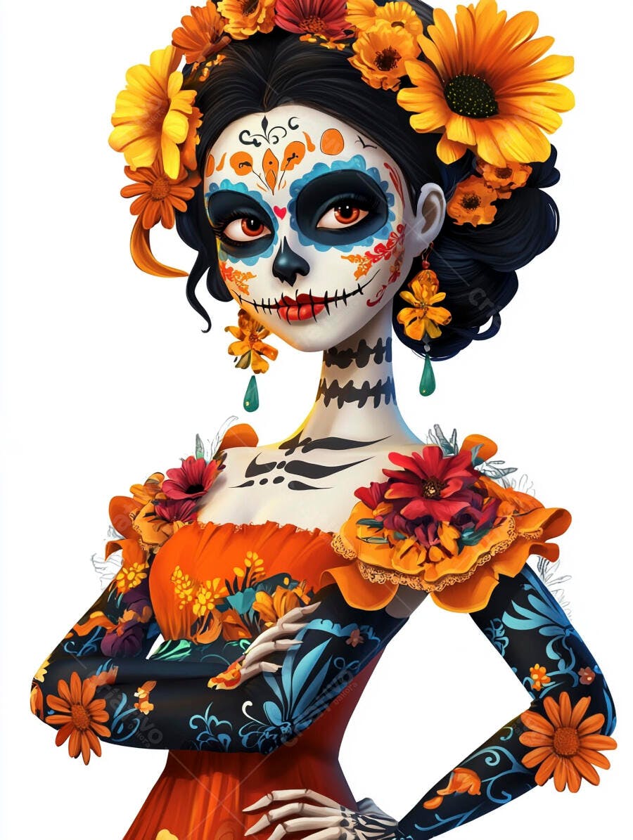 Mulher Catrina maquiagem Dia dos Mortos flores coloridas arte vibrante
