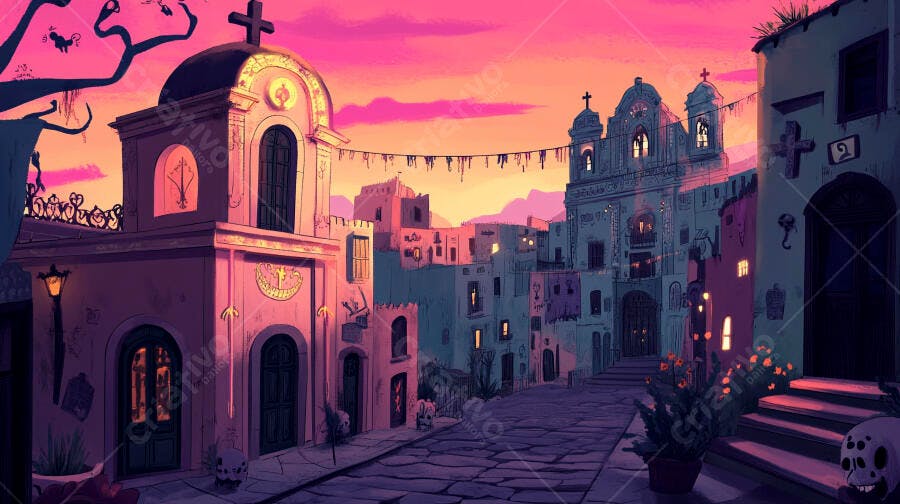 Rua de cidade mexicana ao entardecer tons rosa e roxo com igrejas e caveiras Dia dos Mortos