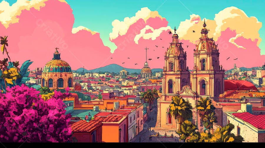Cidade histórica colorida com céu rosa e catedrais imponentes ao entardecer
