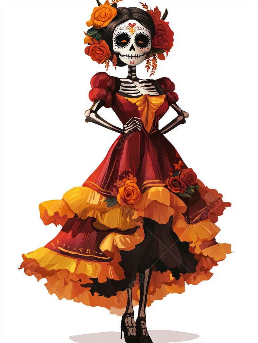 Catrina esqueleto feminino vestido vermelho laranja e flores coloridas Dia de Muertos