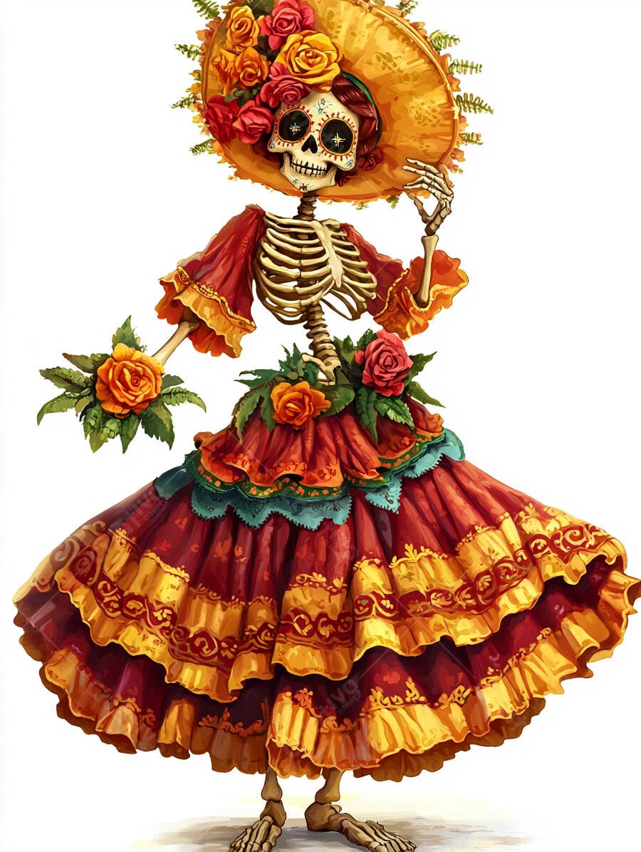 Catrina esqueleto elegante com vestido mexicano e buquê de flores Dia dos Mortos