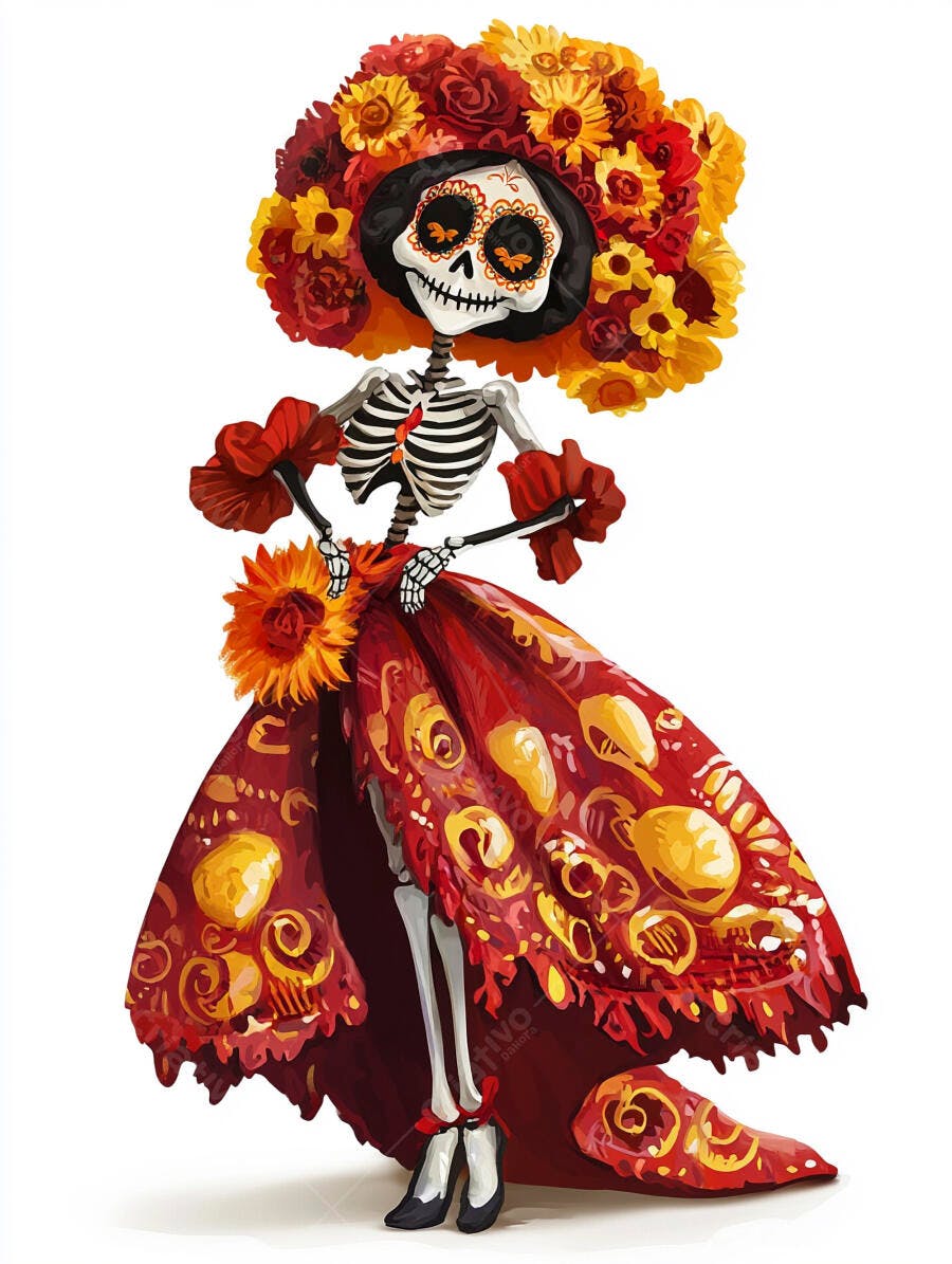 Catrina elegante esqueleto em vestido vermelho floral Dia de Muertos