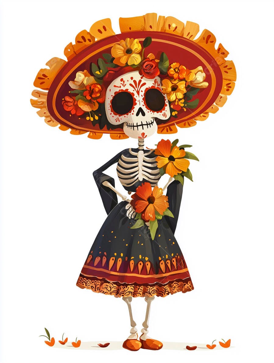 Catrina mexicana esqueleto com chapéu florido e vestido preto Dia de Muertos