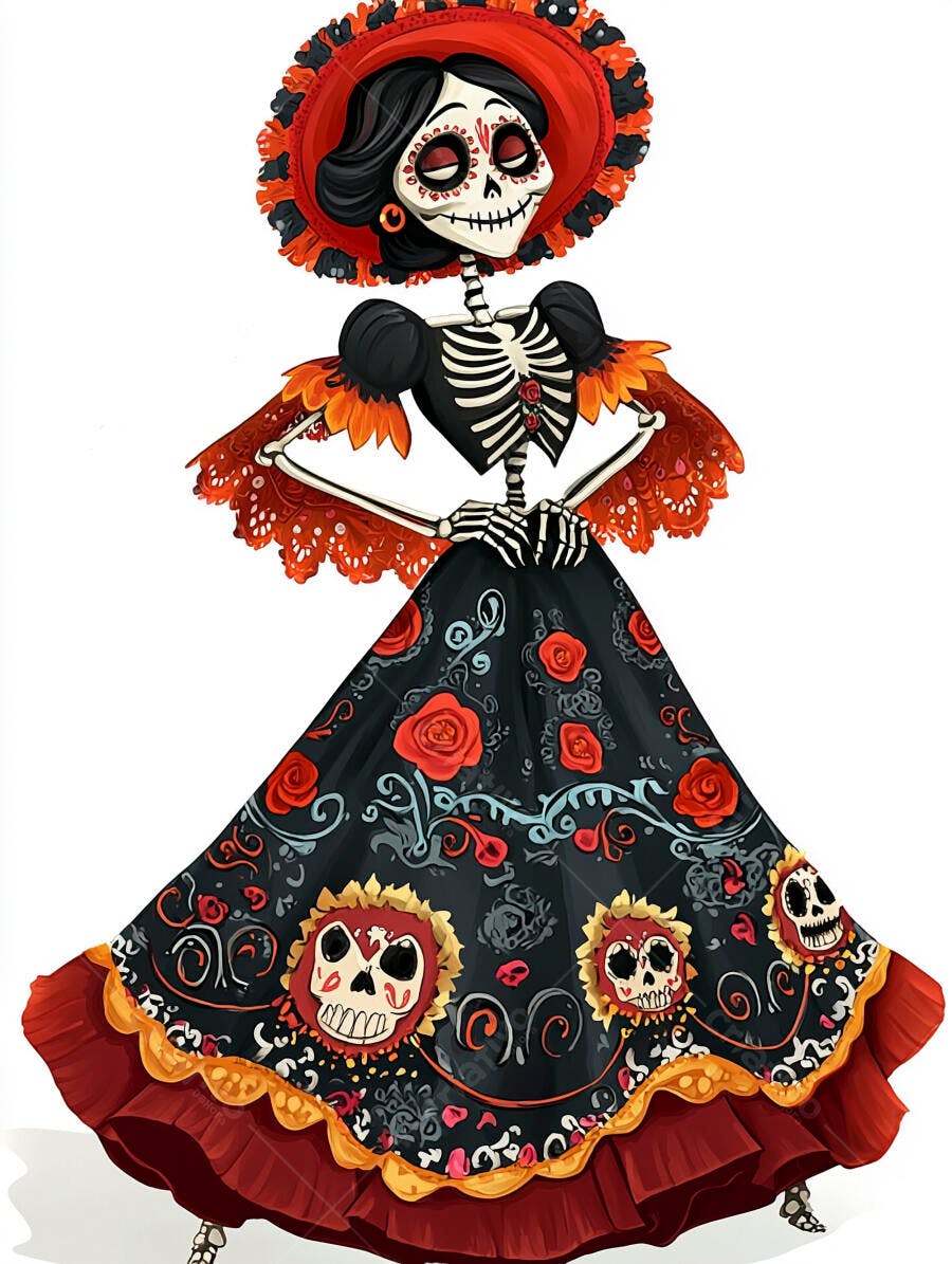 Caveira mexicana Catrina com vestido preto flores vermelhas Dia dos Mortos