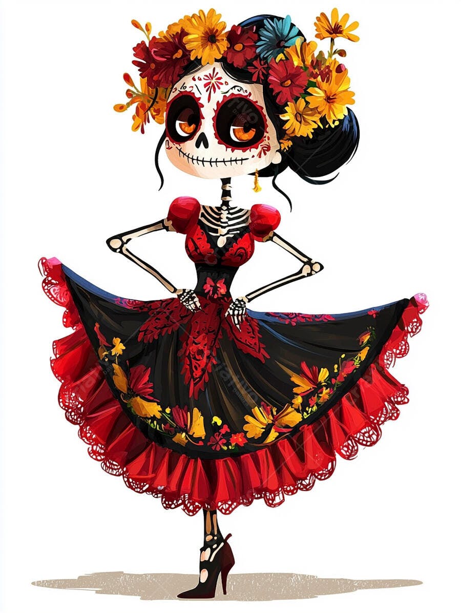 Catrina esqueleto feminino em vestido floral para o Dia dos Mortos