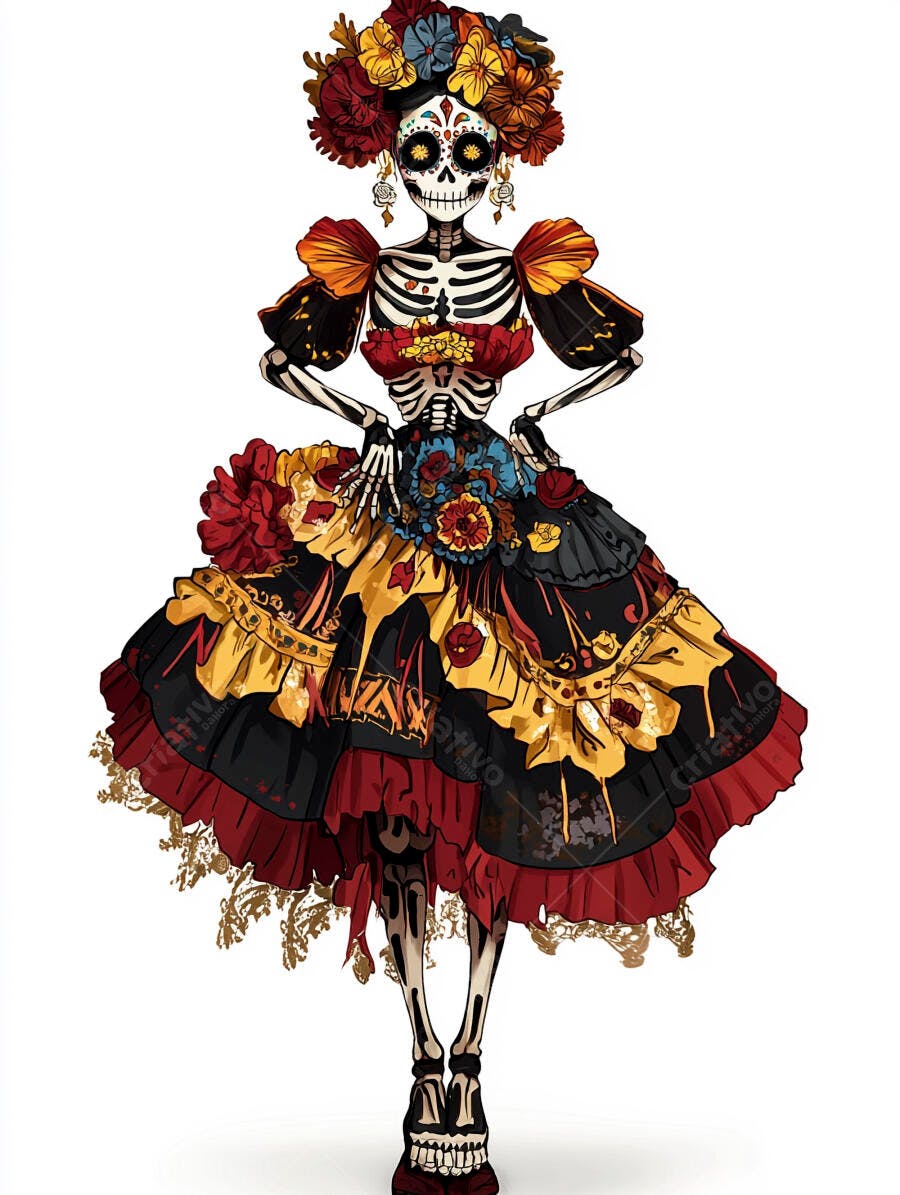 Catrina mexicana esqueleto feminino com vestido colorido e flores na cabeça Dia dos Mortos