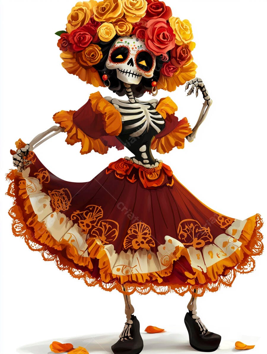 Esqueleto feminino Calavera Catrina dançando vestido florido Dia dos Mortos