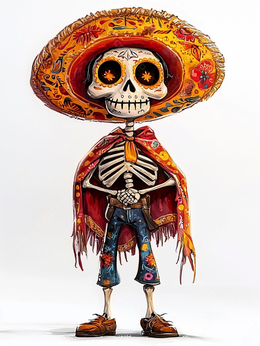 Caveira mexicana colorida com sombrero e poncho para Dia de Muertos