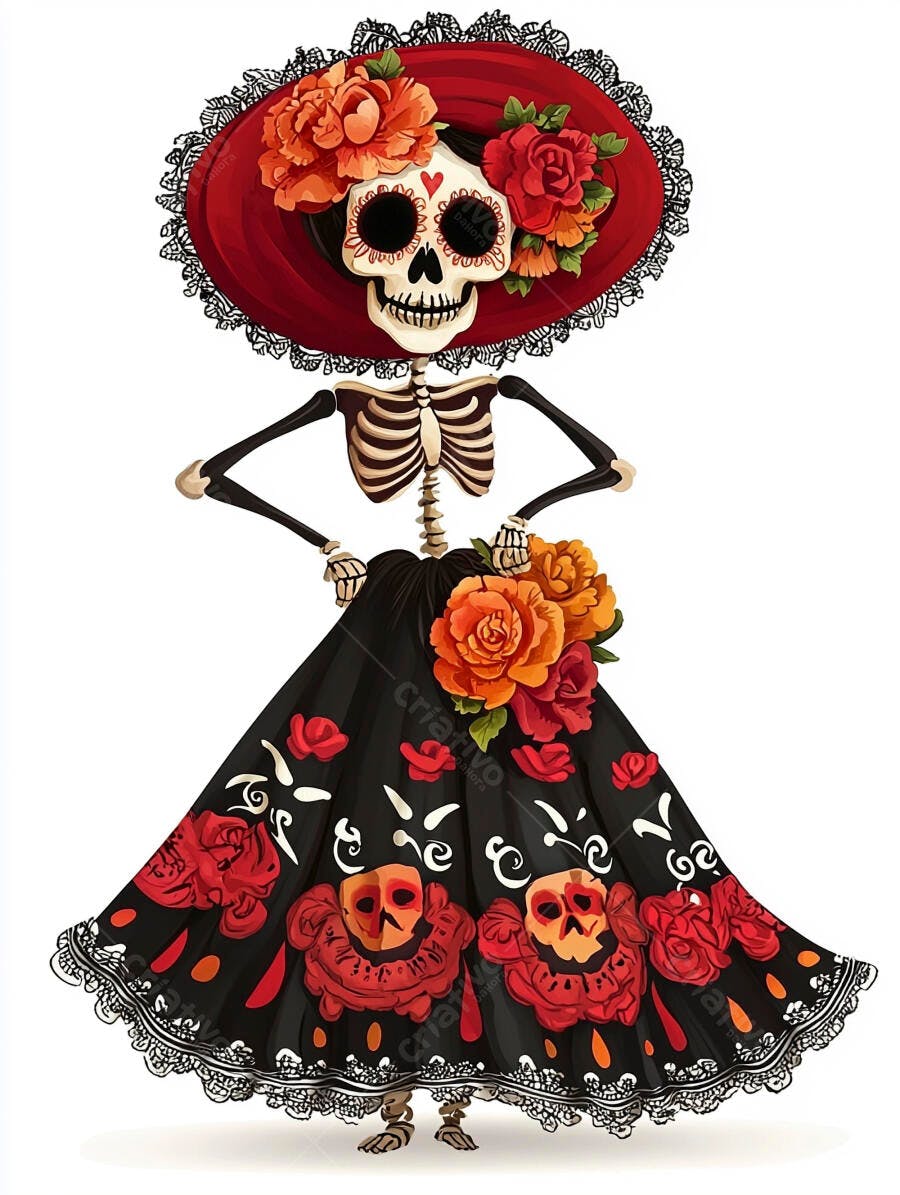 Calavera Catrina esqueleto feminino vestido preto floral chapéu vermelho Dia de los Muertos