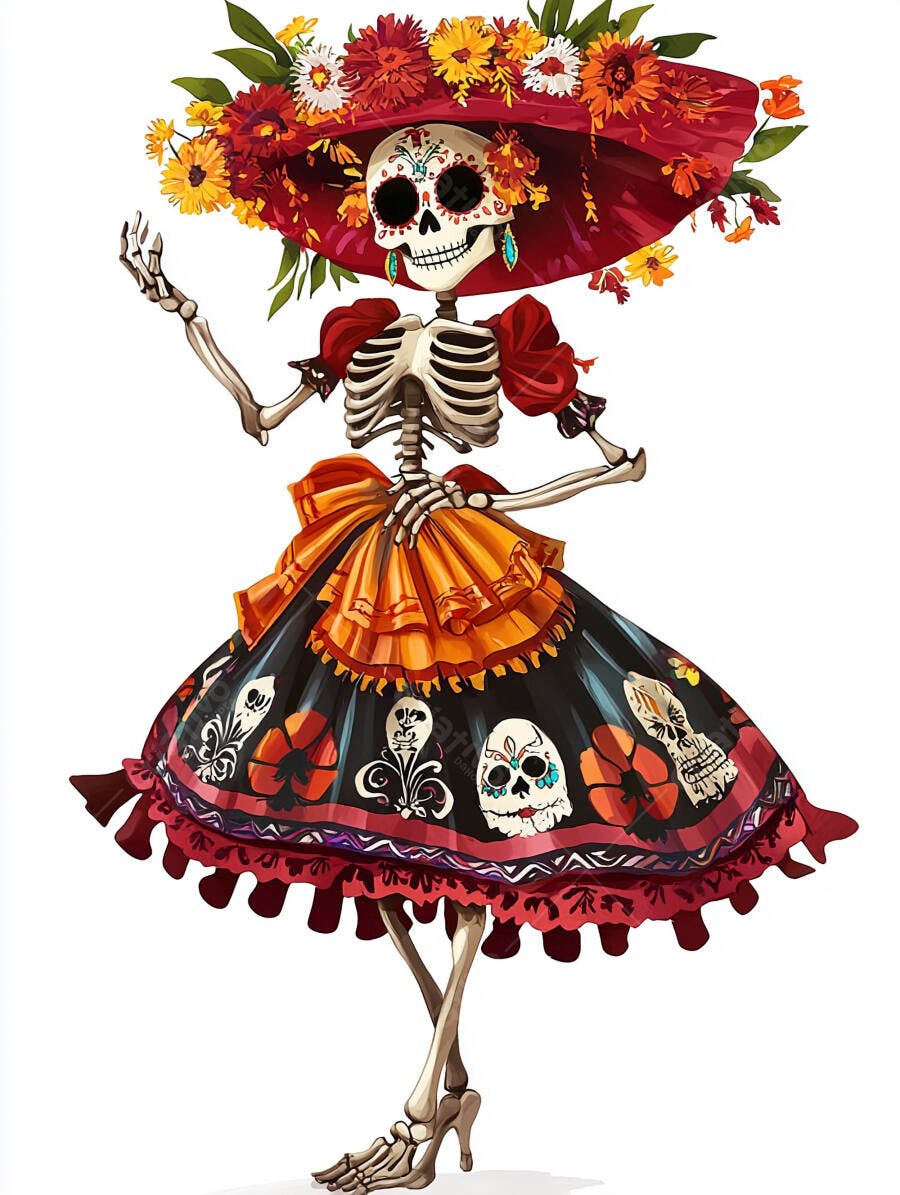 Ilustração Catrina exuberante com chapéu florido e vestido tradicional Dia dos Mortos