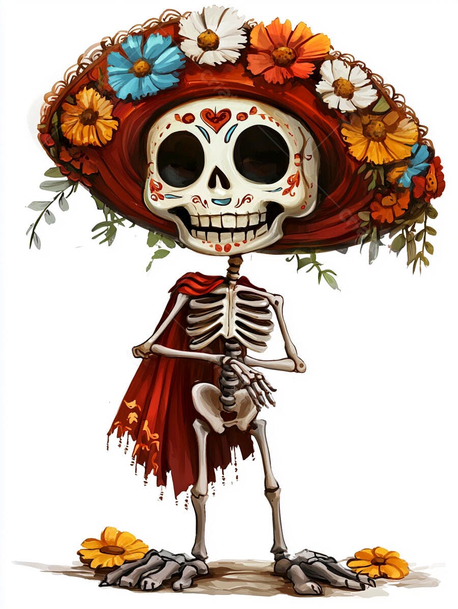 Esqueleto festivo calavera com sombrero floral colorido