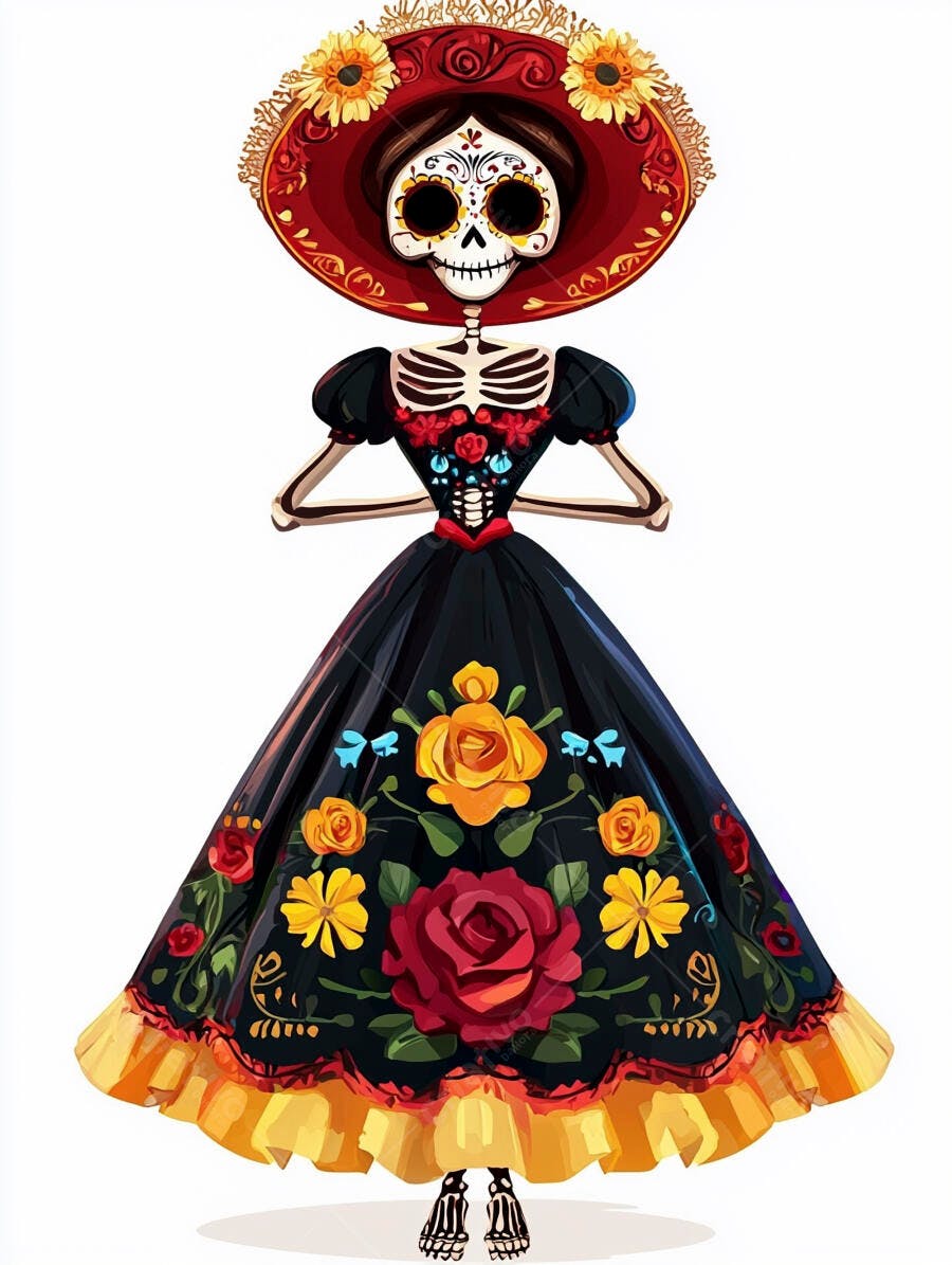 Calavera Catrina elegante com vestido preto floral e chapéu vermelho Dia dos Mortos