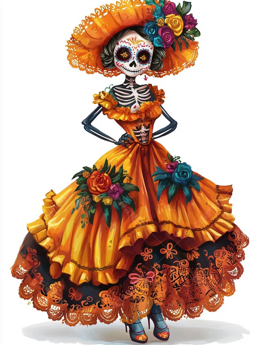 Catrina mexicana elegante em vestido laranja floral Dia de Muertos