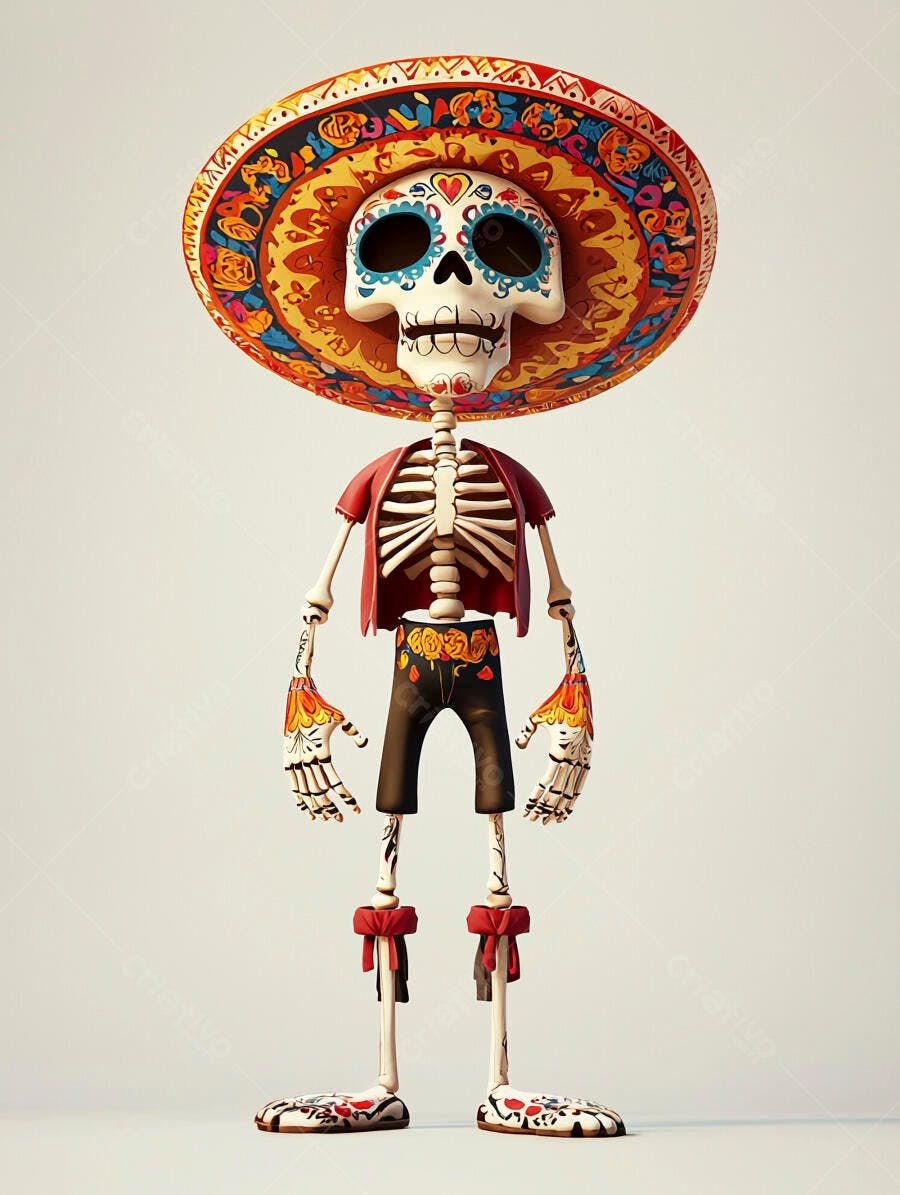 Esqueleto catrina alegre com sombrero mexicano e roupa colorida