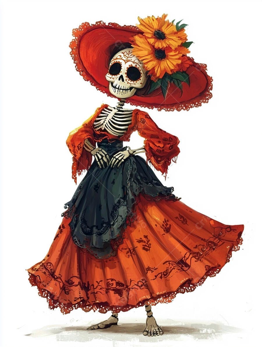 Calavera Catrina em vestido laranja e chapéu com flores Dia dos Mortos