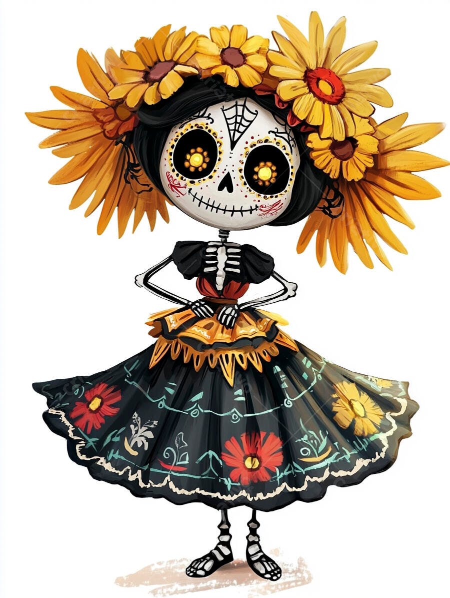 Esqueleto feminino Catrina com coroa de girassóis amarelos e vestido preto florido