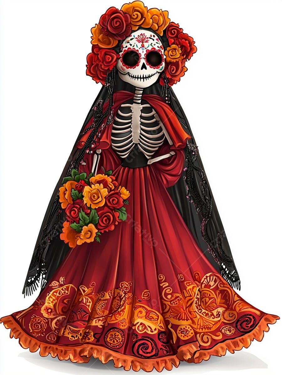 Catrina esqueleto mexicana em vestido vermelho e flores do Dia dos Mortos